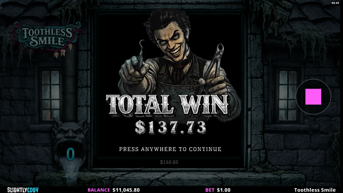 Toothless Smile slot game interface na may madilim na tema ng dental horror